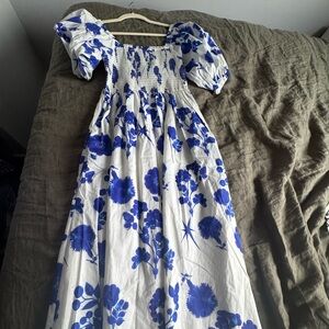 Cynthia Rowley White Maxi Dress with Blue Floral Print, Never Worn, Size M